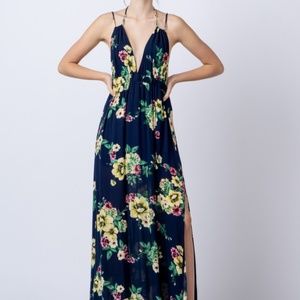 Navy Floral Print Strappy Open Back Maxi D…